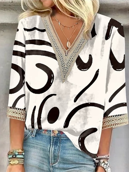 Amazon Tops - Women's Abstract V-Neck Tunic Top - White & Black